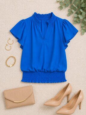 Sam & Jess Blue Jay Smocked Waist Flutter Sleeve Top V-Neck Blouse Size S NWT